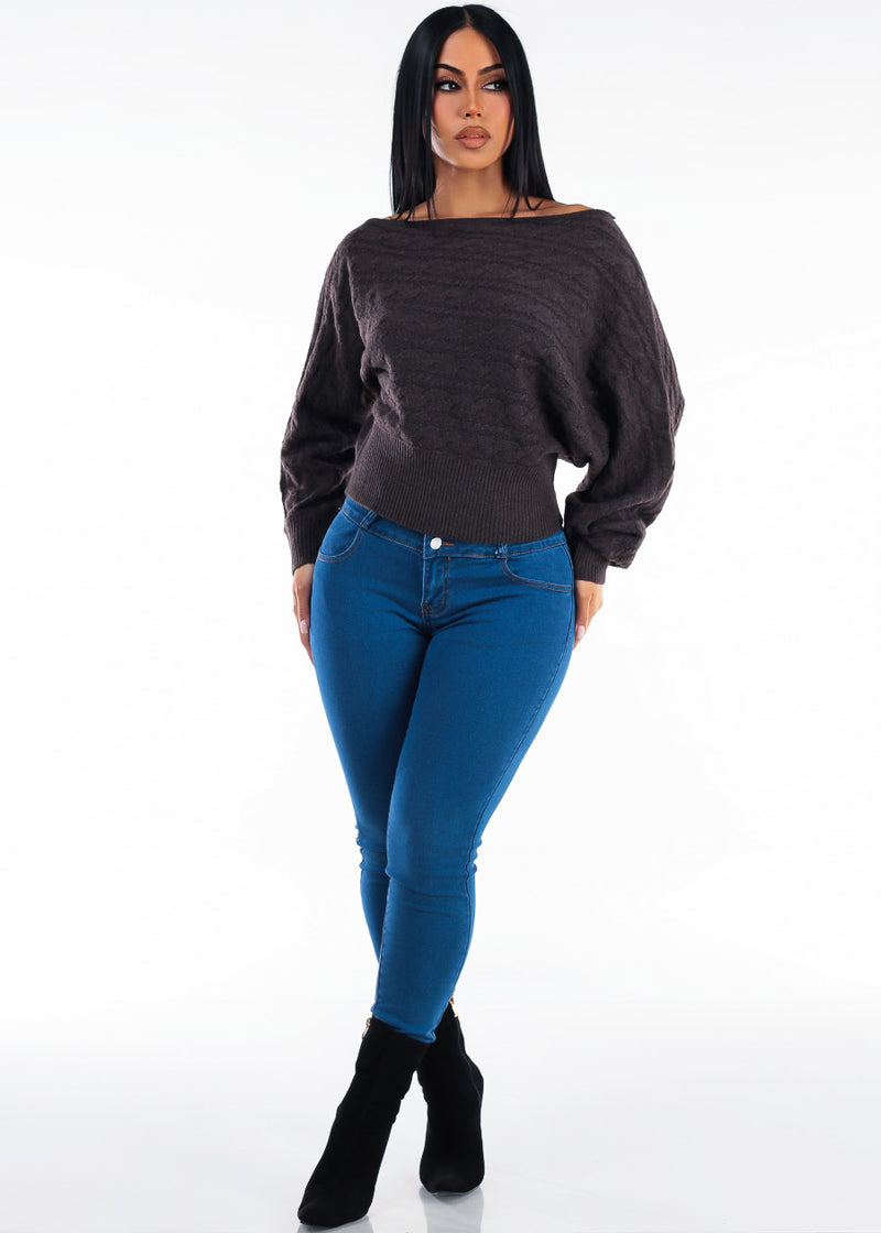 Long Sleeve Off Shoulder Cable Knit Sweater Brown
