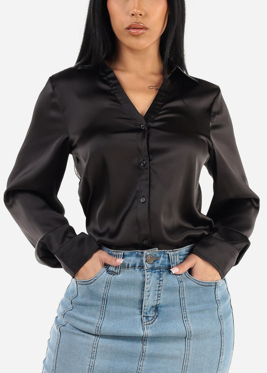 Black Long Sleeve Button Down Satin Tunic Shirt