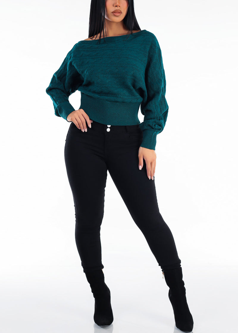 Long Sleeve Off Shoulder Cable Knit Sweater Teal Green