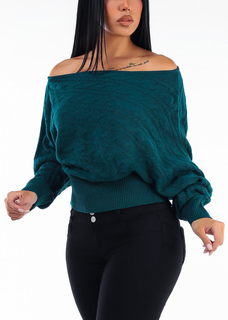 Long Sleeve Off Shoulder Cable Knit Sweater Teal Green