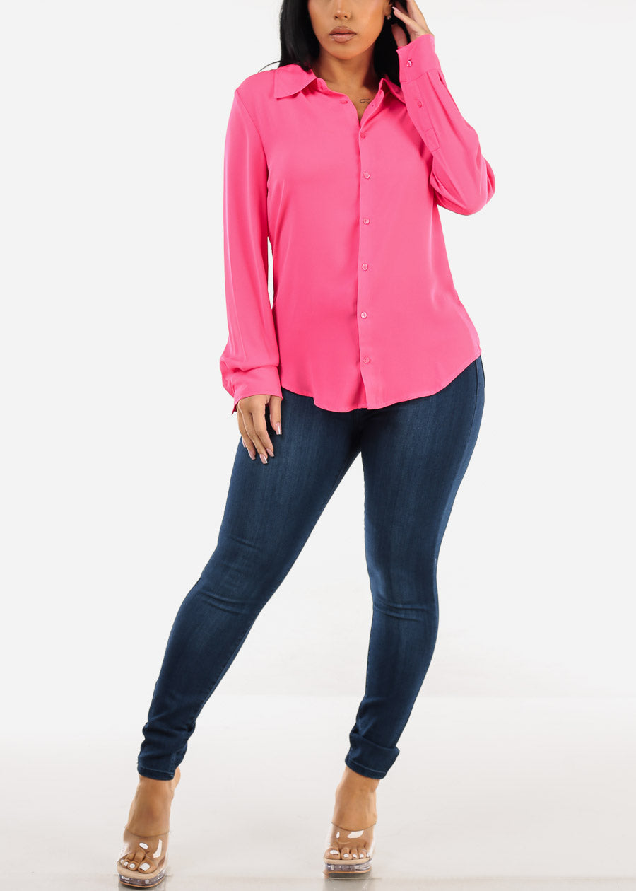 Chiffon Long Sleeve Collared Blouse Fuchsia