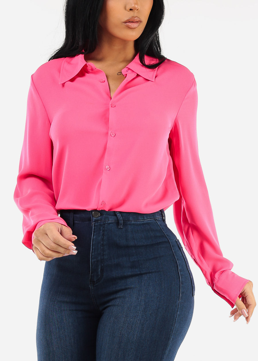 Chiffon Long Sleeve Collared Blouse Fuchsia