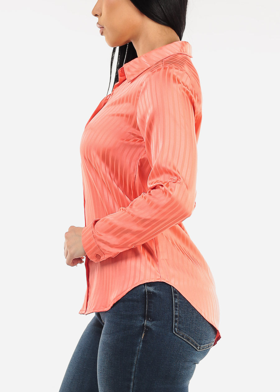 Long Sleeve Button Down Satin Stripe Blouse Coral