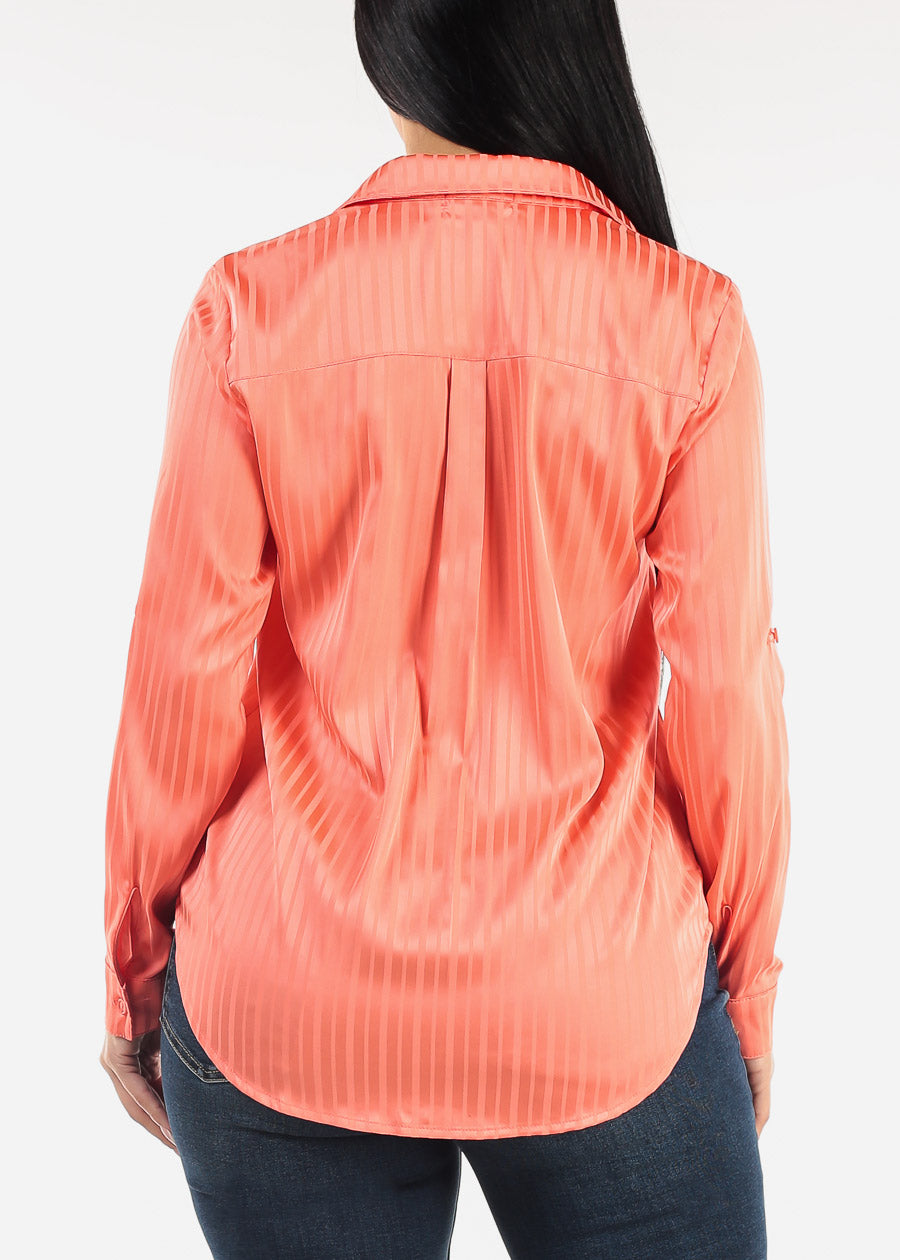 Long Sleeve Button Down Satin Stripe Blouse Coral