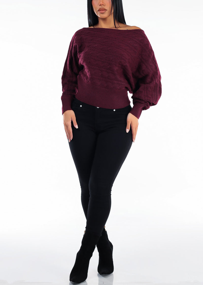 Long Sleeve Off Shoulder Cable Knit Sweater Wine