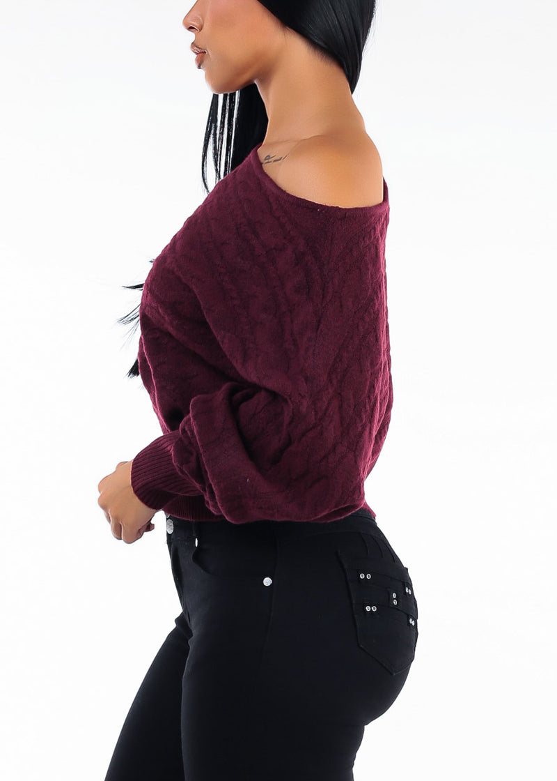 Long Sleeve Off Shoulder Cable Knit Sweater Wine