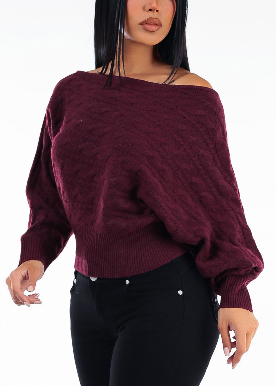 Long Sleeve Off Shoulder Cable Knit Sweater Wine