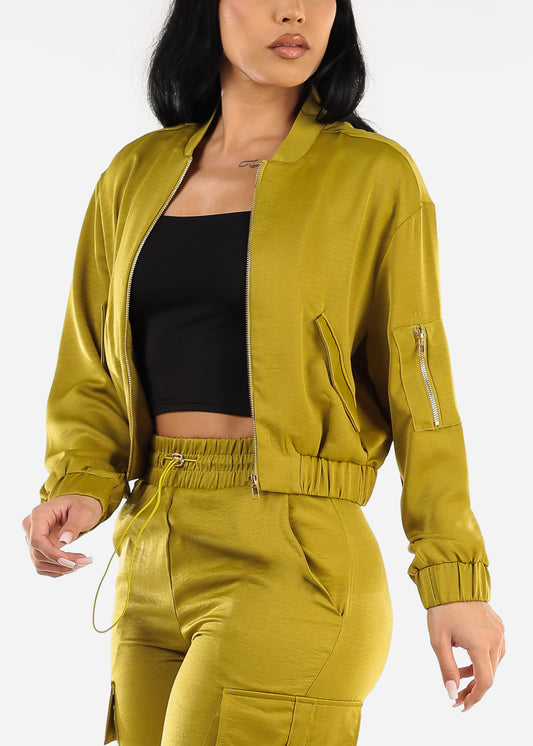 Long Sleeve Zip Up Satin Bomber Jacket Lime