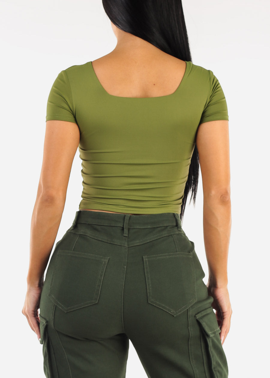 Double Layered Square Neck Crop Top Green