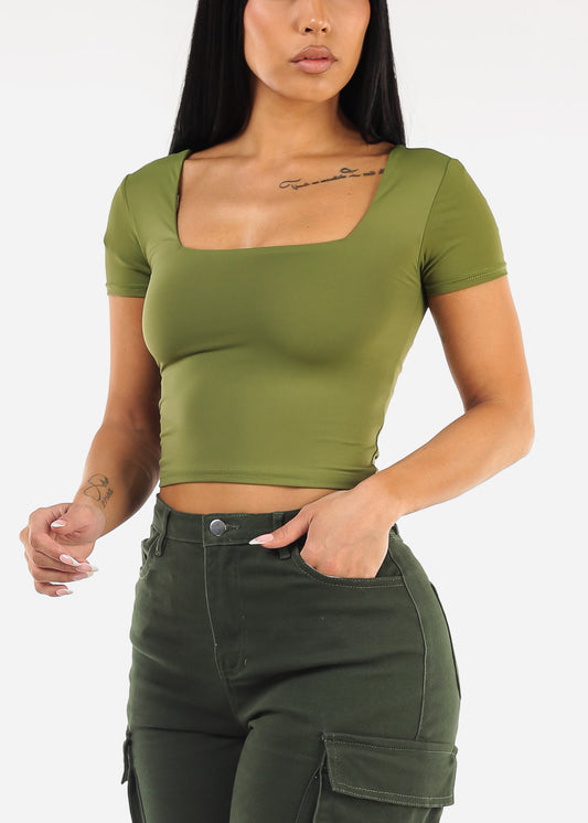 Double Layered Square Neck Crop Top Green