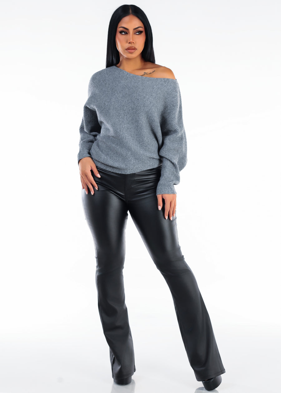 Long Sleeve Boat Neckline Oversized Sweater Grey, view 2 of 4