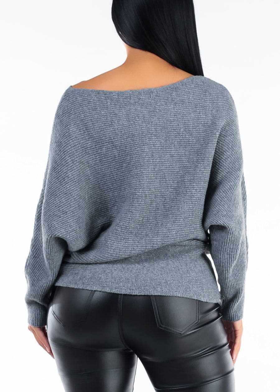 Long Sleeve Boat Neckline Oversized Sweater Grey, view 4 of 4