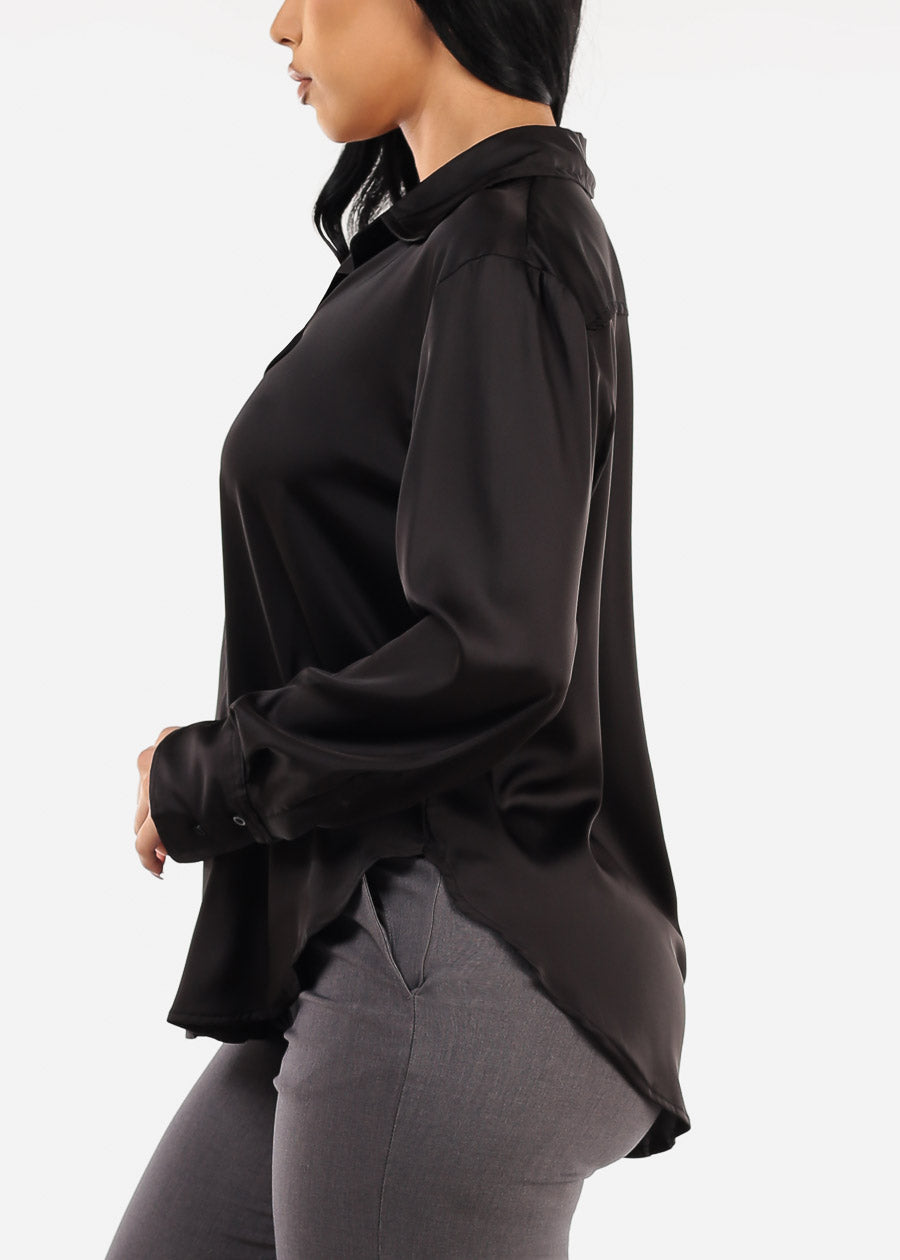 Long Sleeve Button Up Black Satin Blouse