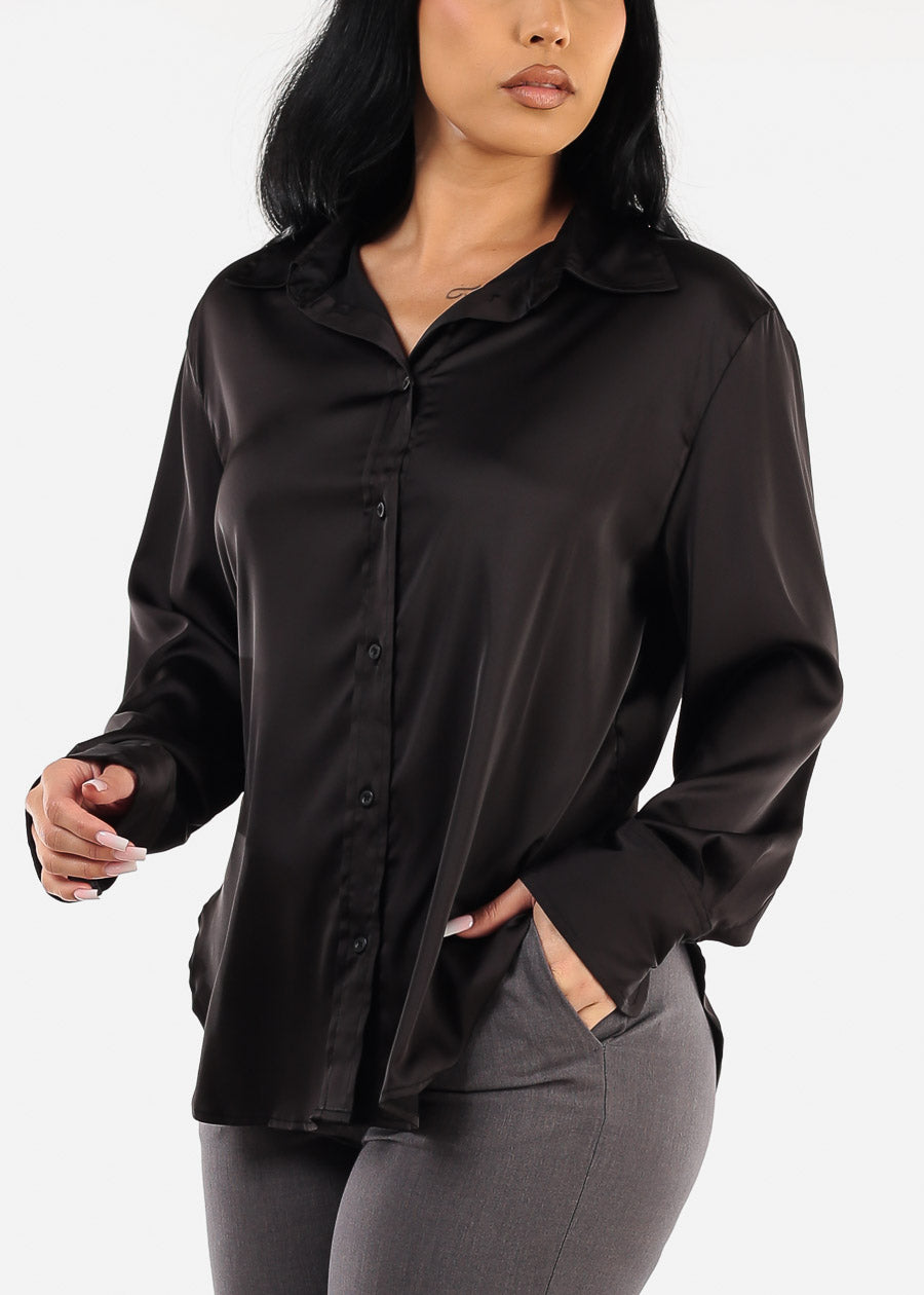 Long Sleeve Button Up Black Satin Blouse