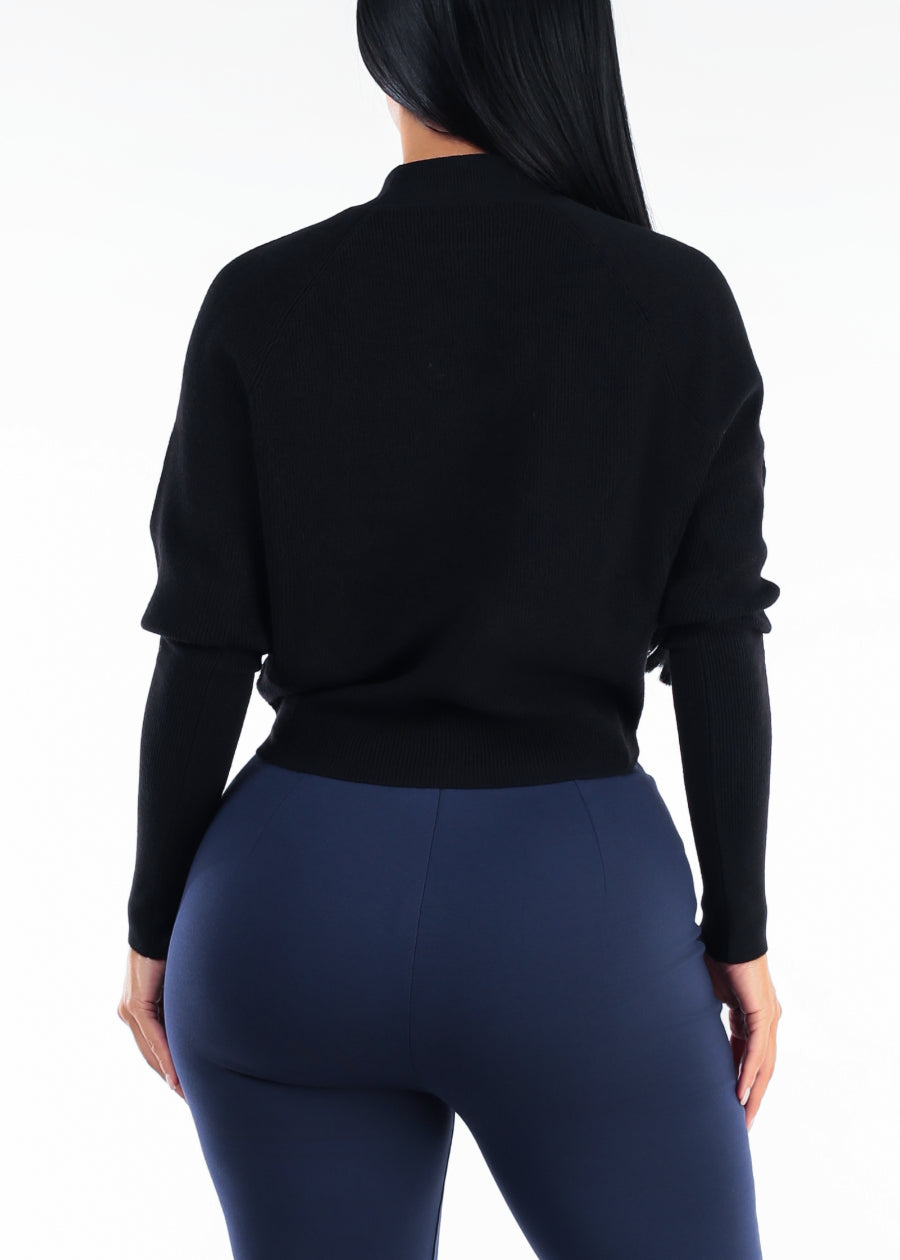 Batwing Long Sleeve Mock Neck Knit Sweater Black, view 4 of 4