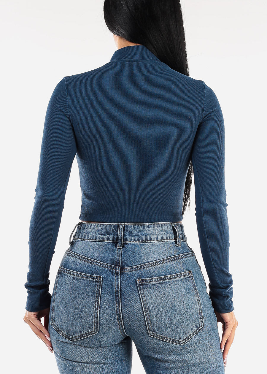 Long Sleeve Navy Mock Neck Cut Out Crop Top