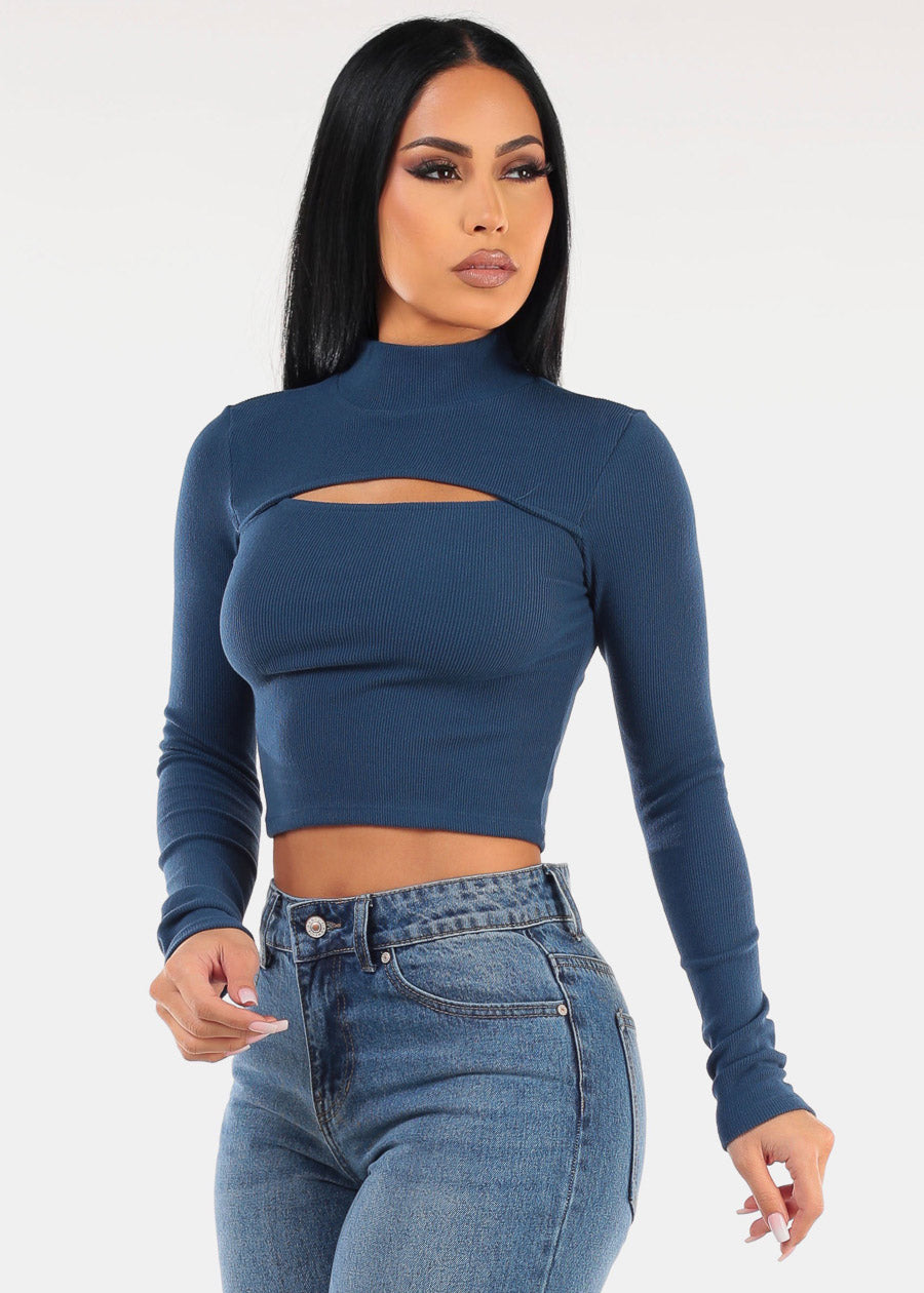 Long Sleeve Navy Mock Neck Cut Out Crop Top