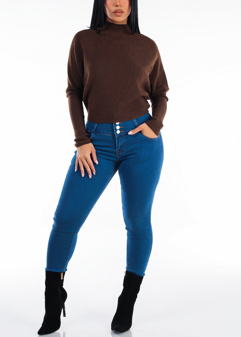 Batwing Long Sleeve Mock Neck Knit Sweater Brown