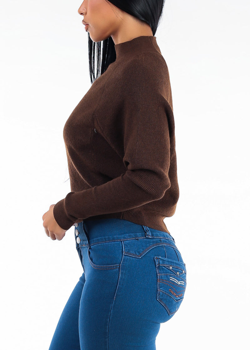 Batwing Long Sleeve Mock Neck Knit Sweater Brown