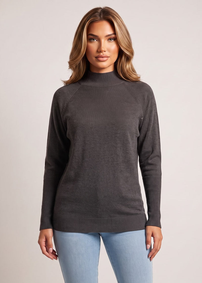 Batwing Long Sleeve Mock Neck Knit Sweater Charcoal