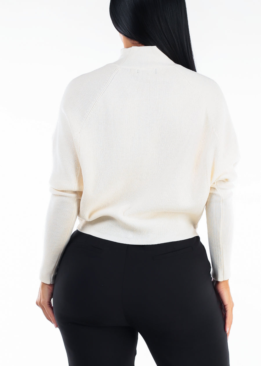 Batwing Long Sleeve Mock Neck Knit Sweater Ivory, view 4 of 4