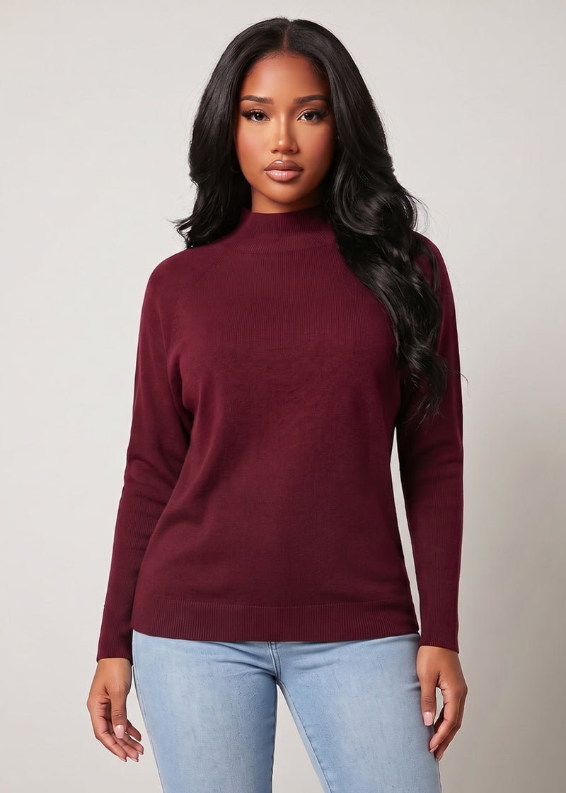 Batwing Long Sleeve Mock Neck Knit Sweater Burgundy