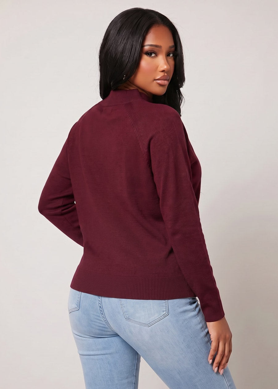 Batwing Long Sleeve Mock Neck Knit Sweater Burgundy, view 4 of 4