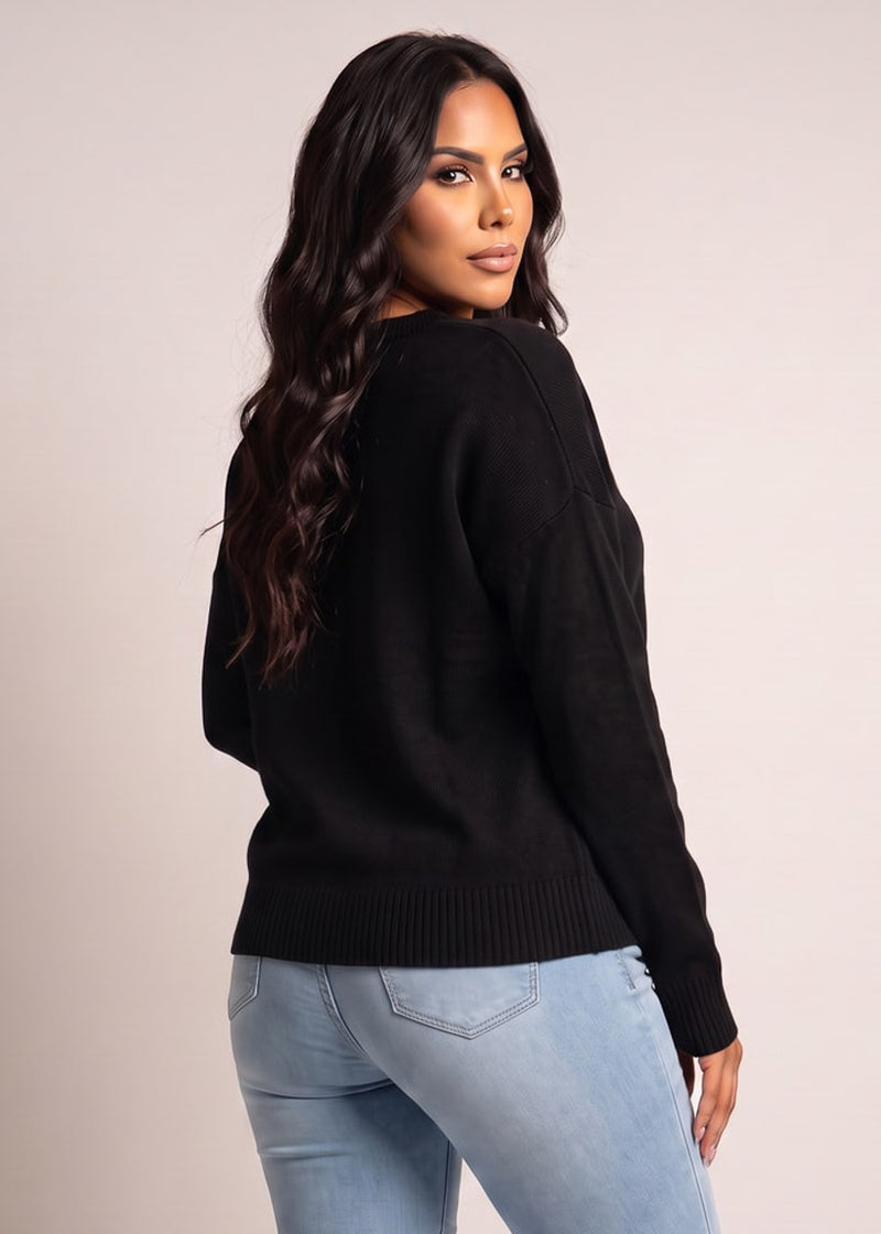 Long Sleeve Vneck Oversized Sweater Black