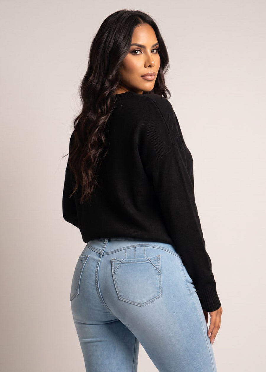 Long Sleeve Vneck Oversized Sweater Black, view 4 of 4