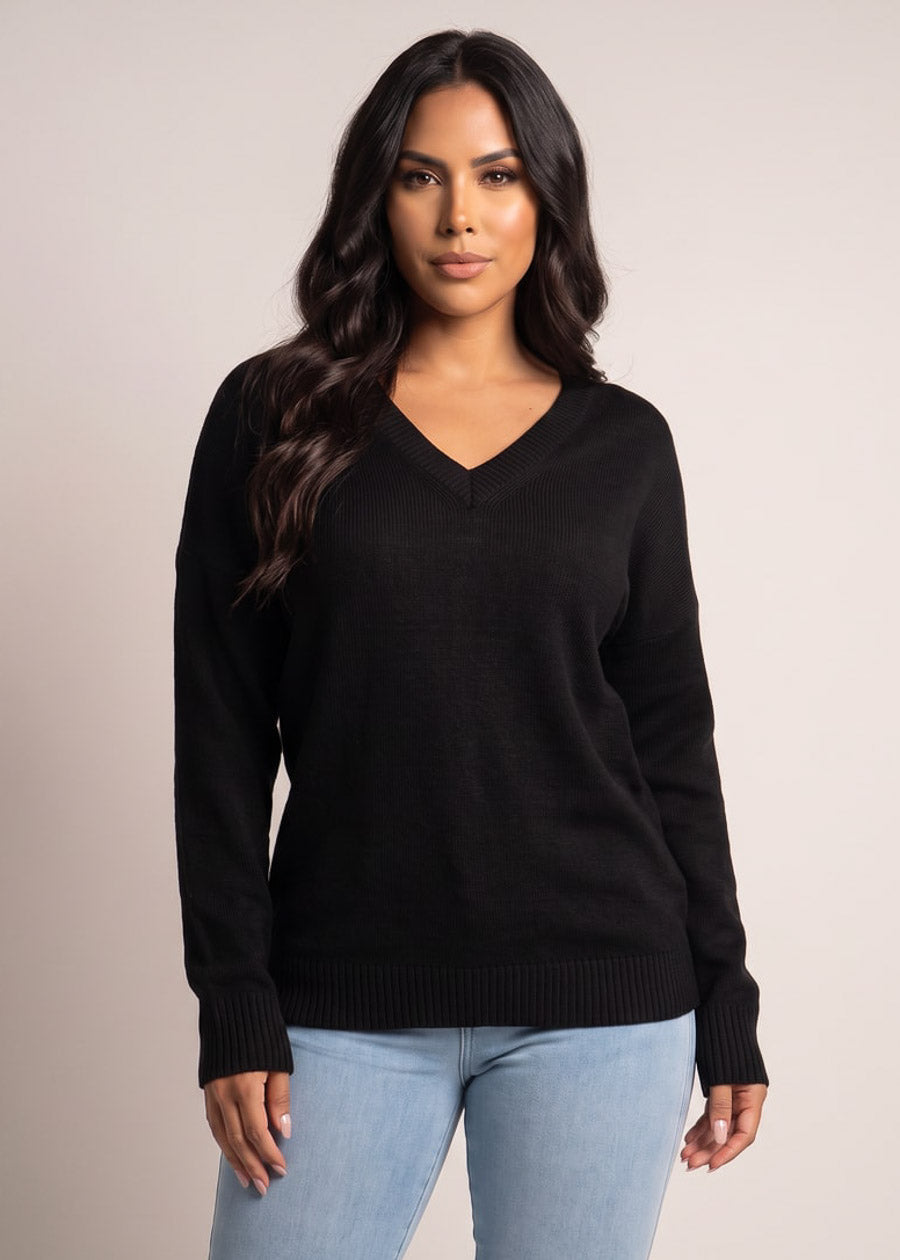 Long Sleeve Vneck Oversized Sweater Black, view 1 of 4