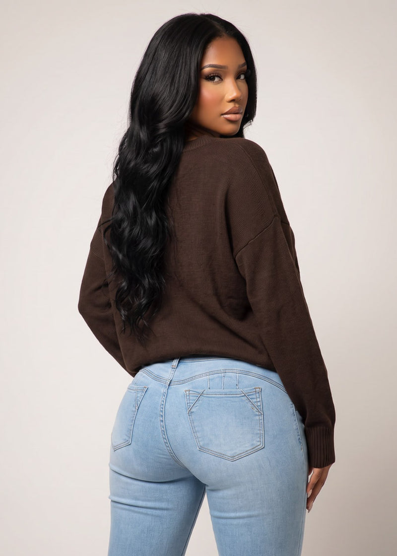 Long Sleeve Vneck Oversized Sweater Brown