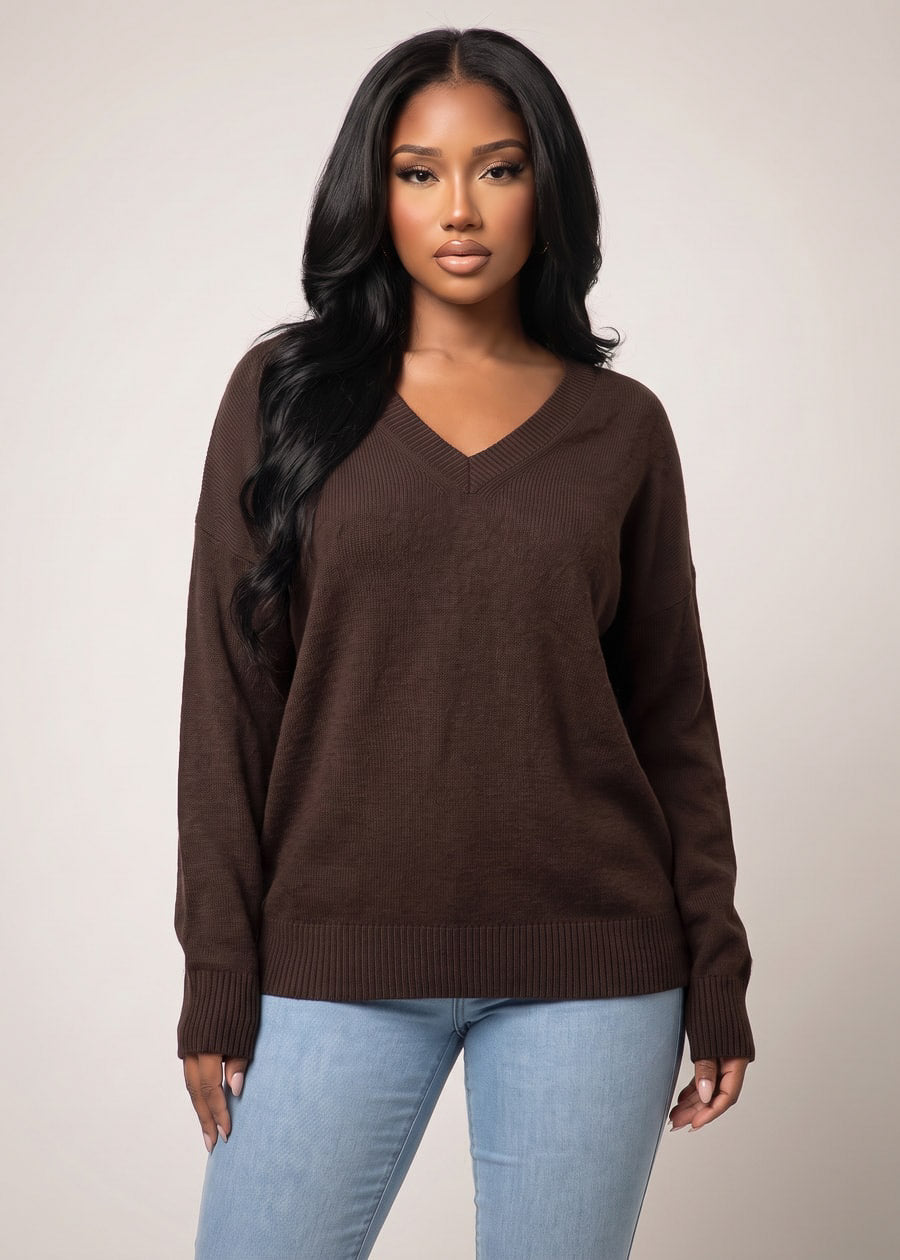 Long Sleeve Vneck Oversized Sweater Brown, view 3 of 4