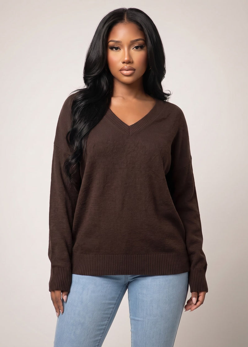 Long Sleeve Vneck Oversized Sweater Brown
