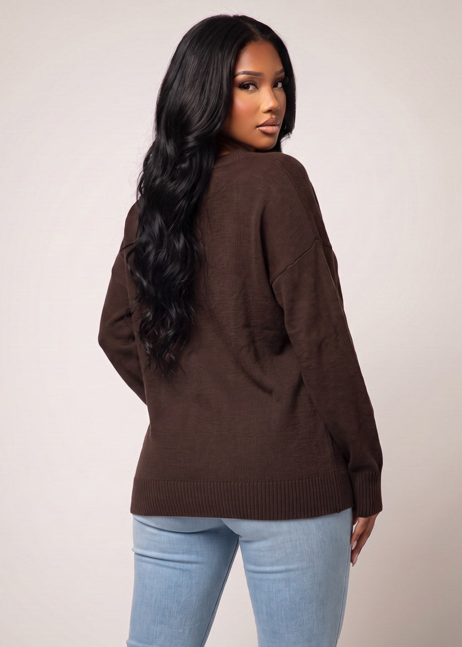 Long Sleeve Vneck Oversized Sweater Brown, view 4 of 4