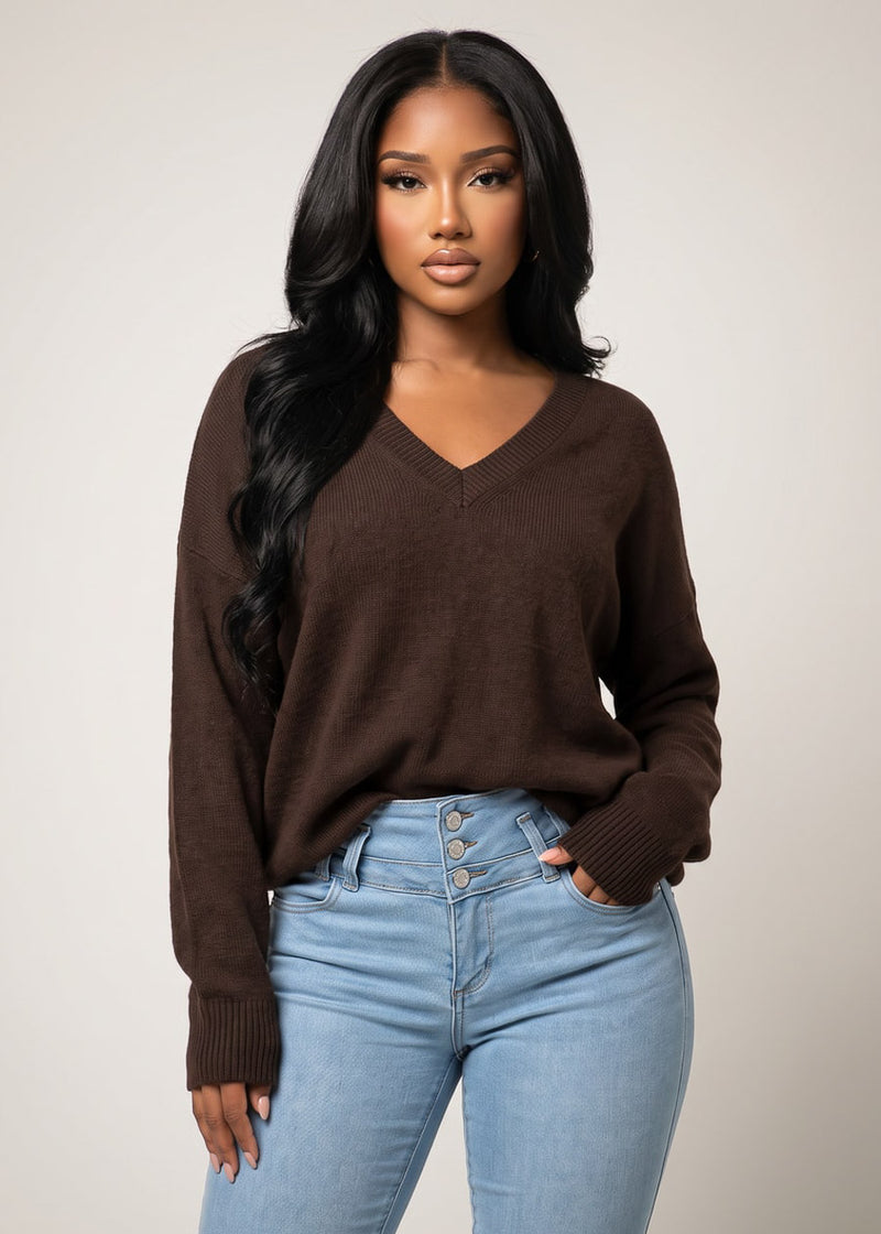 Long Sleeve Vneck Oversized Sweater Brown