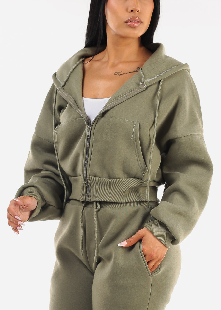 Olive Fleece Zip Up Hoody 