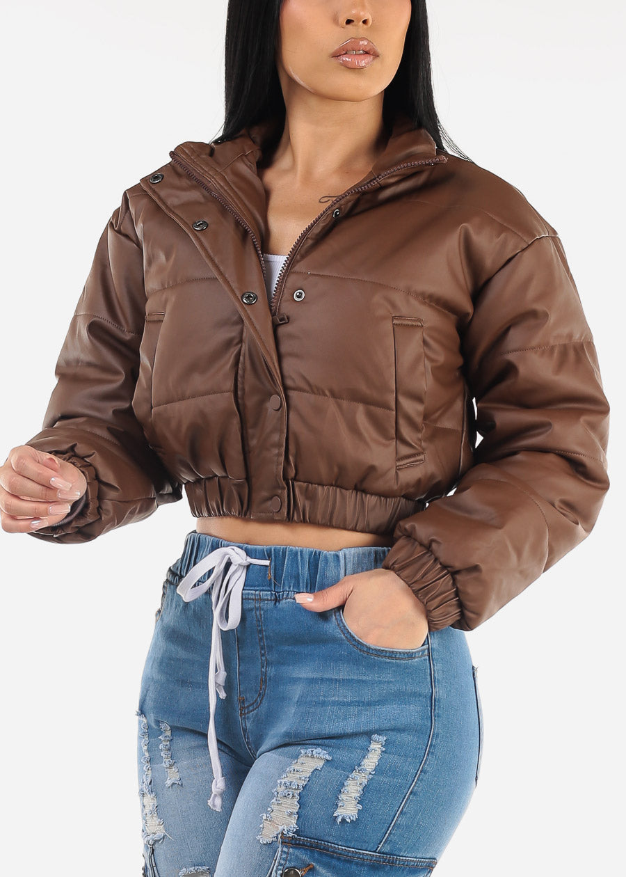 Long Sleeve Cropped Puffer Jacket Brown