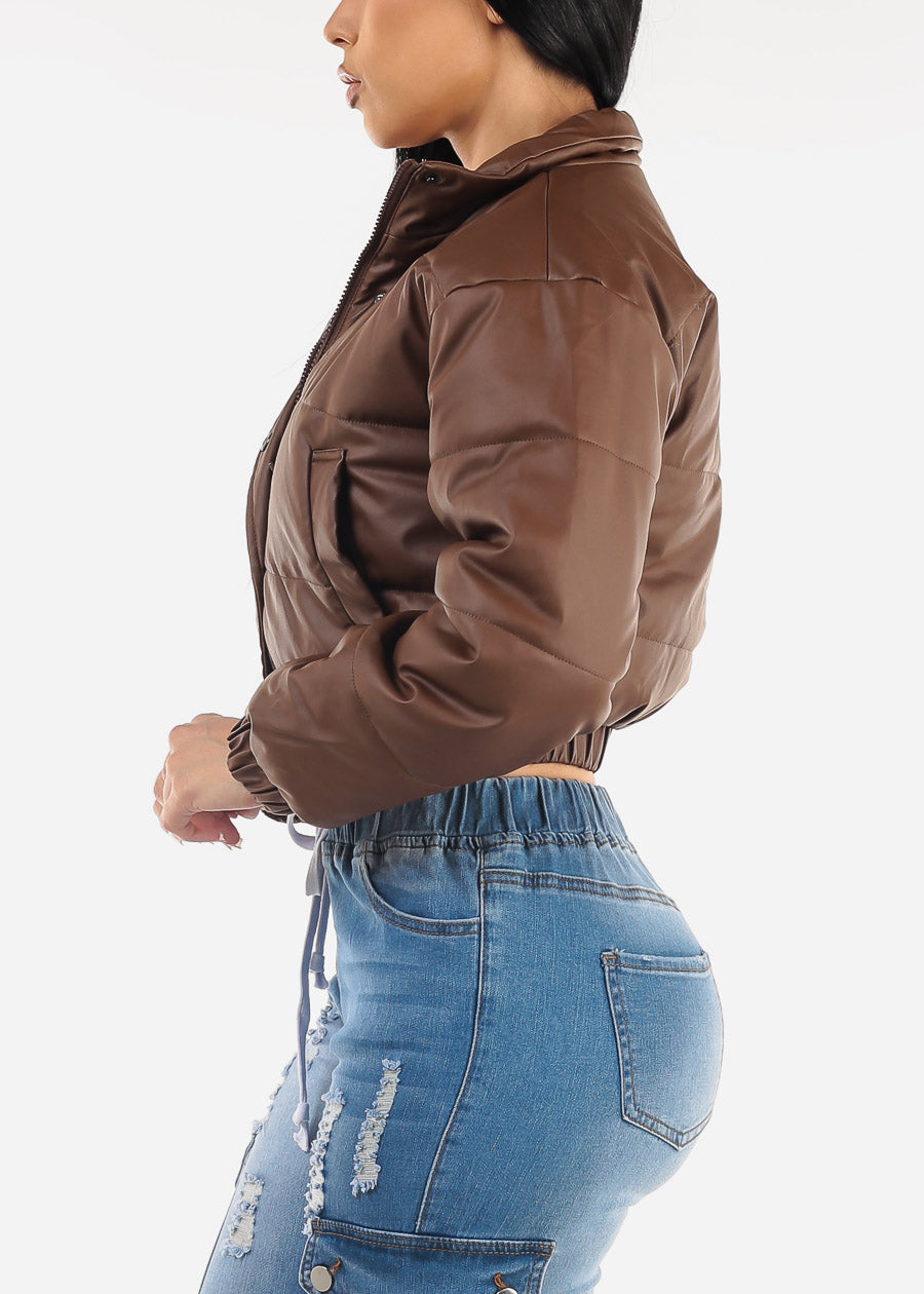 Long Sleeve Cropped Puffer Jacket Brown