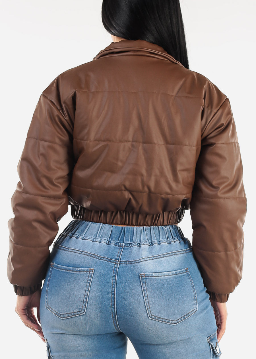 Long Sleeve Cropped Puffer Jacket Brown