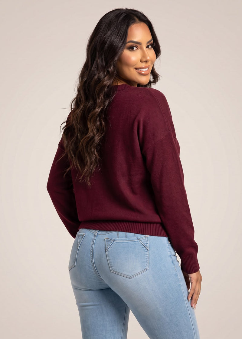 Long Sleeve Vneck Oversized Sweater Burgundy