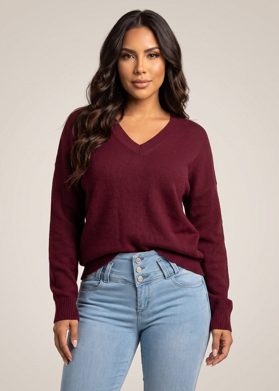 Long Sleeve Vneck Oversized Sweater Burgundy, view 1 of 4