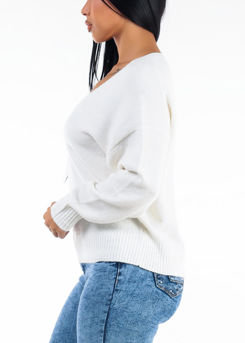 Long Sleeve Vneck Oversized Sweater Ivory