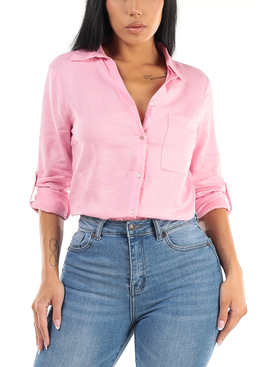 Pink Linen Button Down Shirt