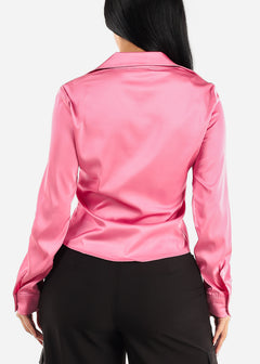 Satin Long Sleeve Button Up Ruched Shirt Pink