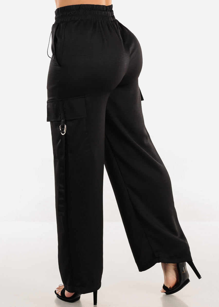 Super High Waist Black Satin Cargo Pants