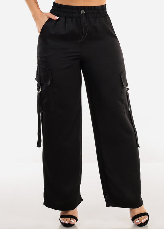 Super High Waist Black Satin Cargo Pants