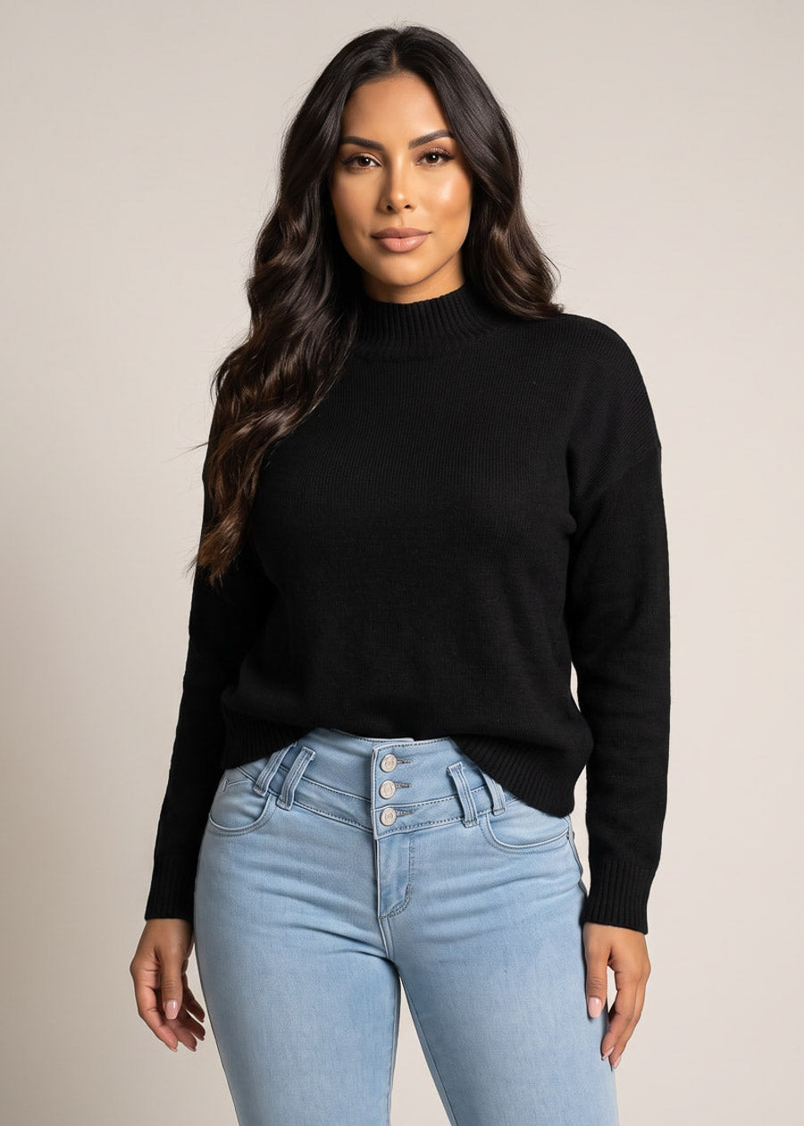 Mock Neck Long Sleeve Knit Sweater Black, view 3 of 4