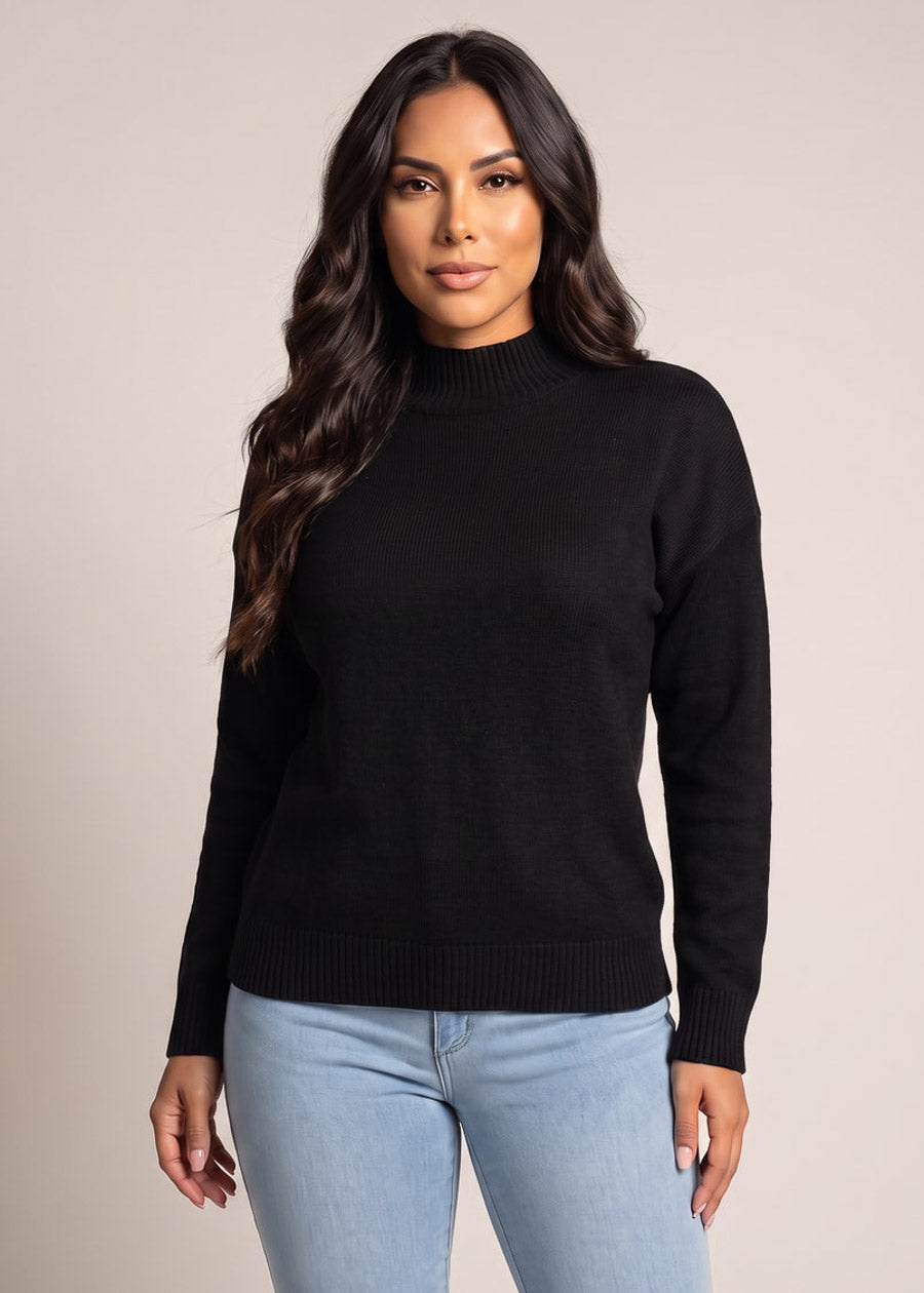 Mock Neck Long Sleeve Knit Sweater Black