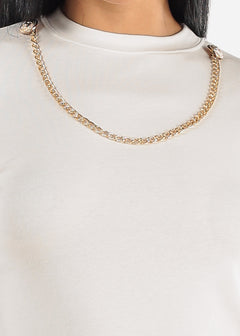 White Long Sleeve Crewneck Fitted Top w Chain Necklace