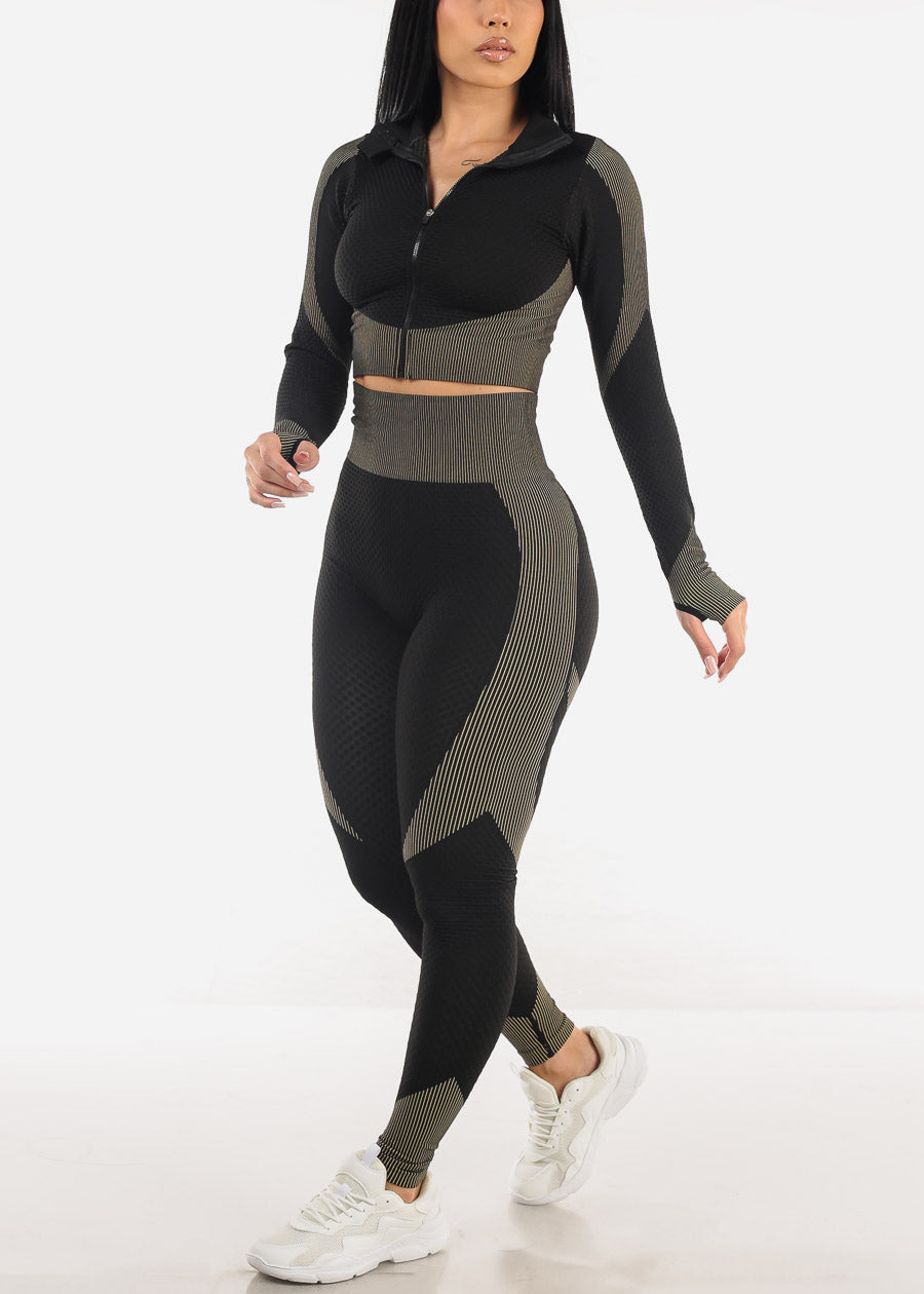 Textured Crop Jacket & Leggings Black (2 PCE SET)